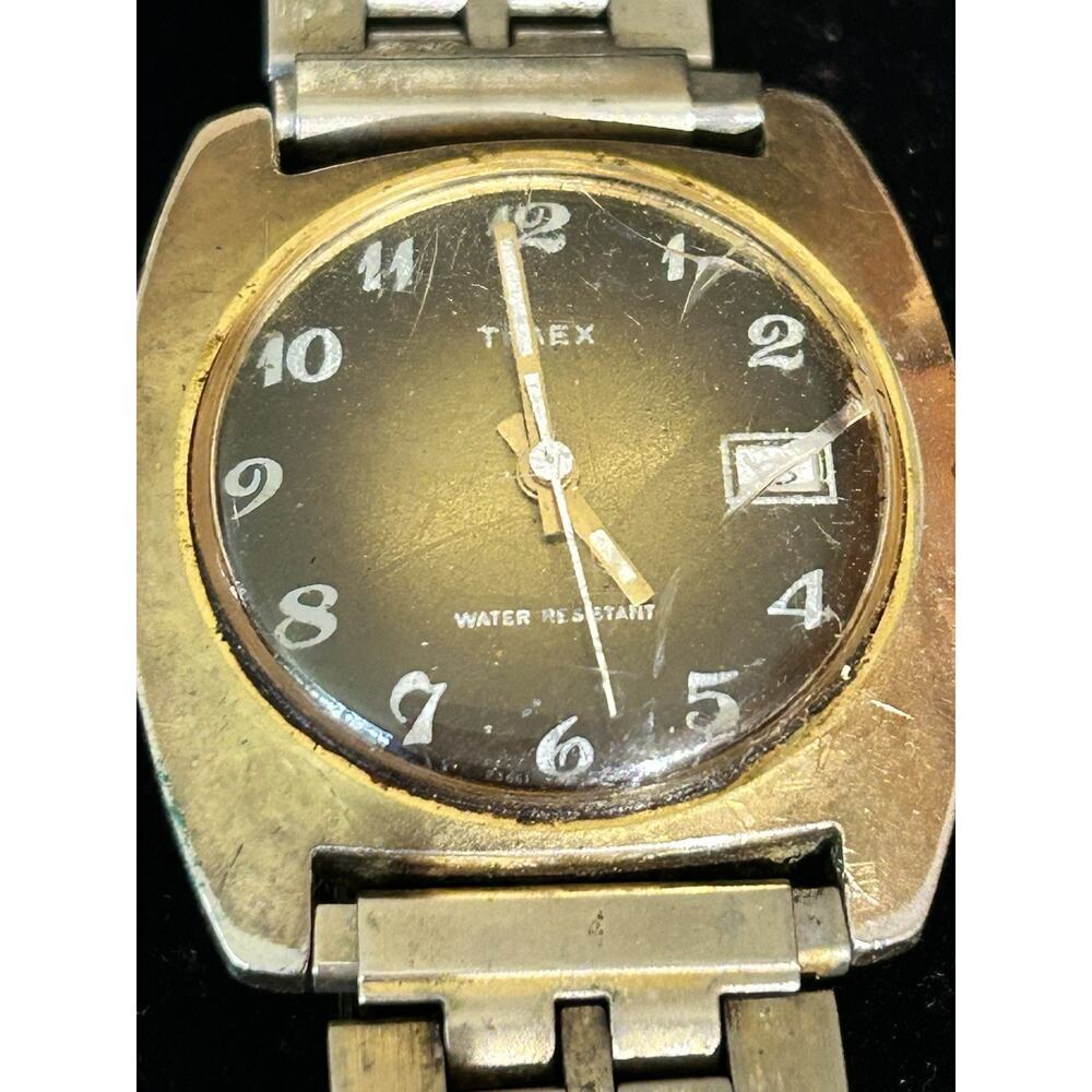 Timex Sprite calendar watch, gold tone cushion case, fume/sunburst dial parts